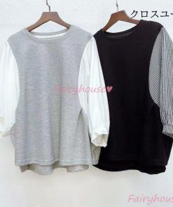 五分袖トップス オシャレTブラウス Tシャツ パフスリーブブラウス 大人 レディース チェック柄切り替えTシャツ ゆったりTシャツ 夏 通勤 40代 カジュアル韓国風 * 五分、七分袖