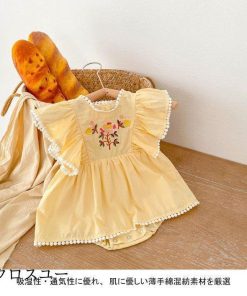 女児 ベビー 薄手 ロンパース 夏 ワンピース カバーオール 刺繍入り Baby 女の子 つなぎ服 フリルワンピース ノースリーブ 綿混 * ロンパース、カバーオール