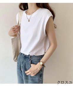 Tシャツ レディース 夏 ベスト 綿 クルーネック カットソー トップス シンプル 透けない おしゃれ コーデ UVカット きれいめ 20代 30代 コットン 40代 * ノースリーブ