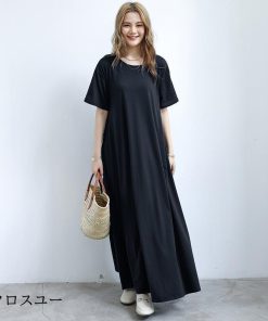 ワンピース レディースTシャツ カットソー 半袖  ロングワンピース スカート アップ マキシ丈 夏 通勤着 可愛い ゆったり 体型カバー 30代 20代 40代 50代 * 上下セット