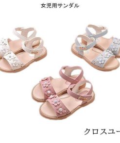 女の子 サンダル PU ジュニア ストラップサンダル マジックテープ 女児 シューズ ローヒール 夏物 花柄 靴 可愛い くつ 子供用 オシャレ * サンダル