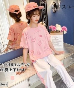 カジュアルパンツセット 半袖Tシャツ 上下セット Tシャツ ハート柄 夏 女の子 ロングパンツ 半袖 2点 子供 サルエルパンツ ゆったり 女児 * Tシャツ