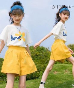 女の子 夏Tシャツ ショートパンツ ガールズ ワイドパンツ 半袖Tシャツ セットアップ 夏 子供 上下セット 女児 Tシャツ 2点 ハーフパンツ * Ｔシャツ、カットソー