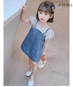 夏 偽二枚 半袖 デニム キッズワンピース デニムワンピース ワンピース 女児 子供 ジュニア サマーワンピース 半袖ワンピース 花柄ワンピース * ワンピース、チュニック