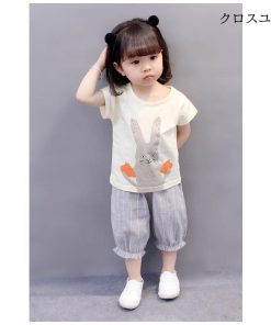 夏 女児 7分丈パンツ ジュニア セットアップ 上下２点セット サルエルパンツ Tシャツ 半袖 クロップドパンツ 半袖Tシャツ 上下セット 子供 * Tシャツ