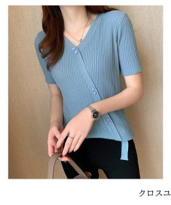 Tシャツ レディース ブラウス きれいめ 40代 春 夏 上品 ニット ストライプ 半袖 Tシャツ トップス オシャレ 韓国風 Tシャツ 30代 50代 ゆったり * 半袖