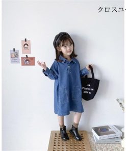 レトロ 長袖 ワンピース 女の子 デニムワンピース 女児 ロングシャツ デニム ゆったり 長袖ワンピース シャツワンピ 体型カバー 春秋 子供 * ワンピース、チュニック