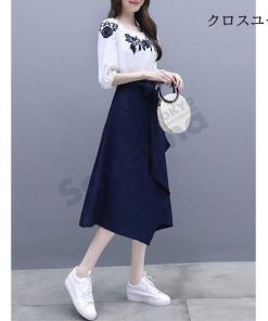 半袖 刺繍ブラウス ロングスカート 2点セット フレア レディース ブラウス セットアップ スカート 20代30代40代 春新作 通勤 ベルト付き * オールインワン