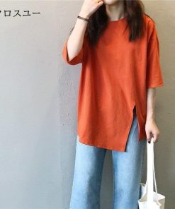 ショート丈 5分 夏 無地 トップス 不規則 レディース カットソー Tシャツ オシャレ 半袖 ｔシャツ スリット 五分袖丈 * 半袖