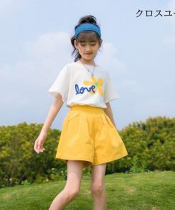 夏Tシャツ ガールズ ワイドパンツ 半袖Tシャツ 夏 Tシャツ 2点 セットアップ 女の子 上下セット 子供 女児 ハーフパンツ ショートパンツ * Ｔシャツ、カットソー