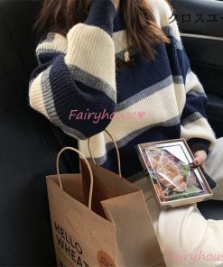 ニットトップス ボーダー柄セーター 長袖 オシャレ秋服 レディース ニットトップス ショット丈ニットソー 韓国風 30代 ゆったりプルオーバー 秋冬 50.代 40代 * 長袖