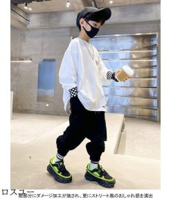 男の子 チェック柄 キッズ 子供 白tシャツ オーバーサイズ 長袖 長袖Tシャツ トップス 偽二枚 カットソー ダメージ加工 Tシャツ 男児 * Tシャツ