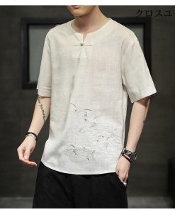 トップス 刺繍 半袖ｔシャツメンズ 大きいサイズ Tシャツ 麻混 夏物 チャイナ服 ブルオーバ 涼しい 鶴柄 * 五分、七分袖