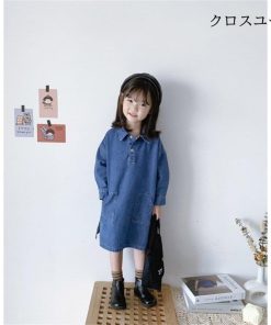 レトロ 長袖 ワンピース 女の子 デニムワンピース 女児 ロングシャツ デニム ゆったり 長袖ワンピース シャツワンピ 体型カバー 春秋 子供 * ワンピース、チュニック