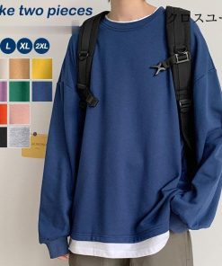 メンズ 無地 春秋 重ね風 ゆったり 切り替え カラフル インナー カジュアル 長袖ｔシャツ トップス Tシャツ 長袖 * 長袖