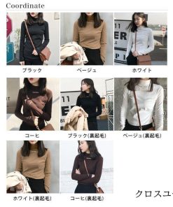 秋服 秋 無地  長袖Tシャツ タートルネック 裏起毛 レディース ハイネック カットソー トップス * 長袖