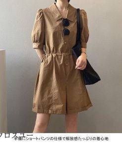 レディース つなぎ ショートパンツ 短パン ツナギ シャツ オールインワン 半袖 つなぎ服 ゆったり ウエスト調節可 夏 コンビネゾン * オールインワン