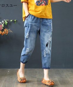 ウエストゴム チノパンツ 森ガール ダメージデニム デニムパンツ ジーンズ レディース 人物柄 美脚 大きいサイズ * ジーンズ、デニム