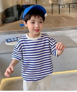 爽やか キッズ ゆるTシャツ 男の子 オーバーサイズ ボーダー柄Tシャツ ボーダー柄 子供 半袖 半袖Tシャツ ゆったり 男児 夏 Tシャツ * Tシャツ