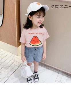 女の子 Tシャツ 夏 女児 半袖Tシャツ コットン 子供 サマーTシャツ カットソー フルーツ柄 半袖 キッズ おしゃれ コットンTシャツ ジュニアTシャツ * Tシャツ