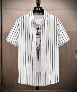 春 メンズ おしゃれ レディース 五分袖 カジュアルシャツ 半袖 ストライプシャツ トップス シャツ 夏服 涼しい 半袖シャツ * 半袖