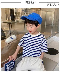 爽やか キッズ ゆるTシャツ 男の子 オーバーサイズ ボーダー柄Tシャツ ボーダー柄 子供 半袖 半袖Tシャツ ゆったり 男児 夏 Tシャツ * Tシャツ