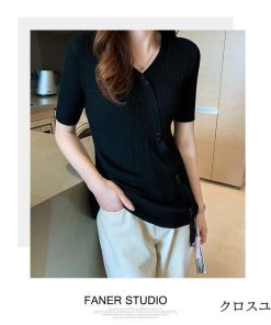 Tシャツ レディース ブラウス きれいめ 40代 春 夏 上品 ニット ストライプ 半袖 Tシャツ トップス オシャレ 韓国風 Tシャツ 30代 50代 ゆったり * 半袖