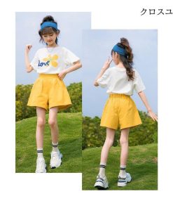 夏Tシャツ ガールズ ワイドパンツ 半袖Tシャツ 夏 Tシャツ 2点 セットアップ 女の子 上下セット 子供 女児 ハーフパンツ ショートパンツ * Ｔシャツ、カットソー