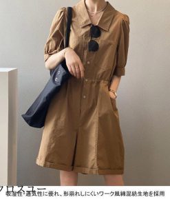 レディース つなぎ ショートパンツ 短パン ツナギ シャツ オールインワン 半袖 つなぎ服 ゆったり ウエスト調節可 夏 コンビネゾン * オールインワン