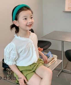 ブラウス 半袖 女の子 フリルブラウス ホワイト 夏 子供 半袖ブラウス パフスリーブ レトロ シャツ 半袖シャツ 白 ジュニア サマーブラウス * シャツ、ブラウス