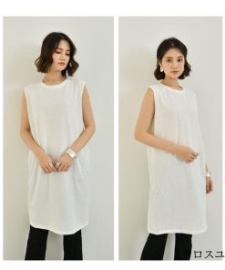 Tシャツ レディース トップス 春夏 40代 新作 袖なし ロンT 綿麻 おしゃれ 韓国風 大きいサイズ きれいめ スリット カジュアル 大人 30代 ゆったり 白 黒 20代 * ノースリーブ