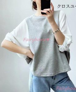 五分袖トップス オシャレTブラウス Tシャツ パフスリーブブラウス 大人 レディース チェック柄切り替えTシャツ ゆったりTシャツ 夏 通勤 40代 カジュアル韓国風 * 五分、七分袖