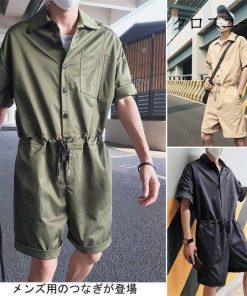 男性用 シャツ襟 半袖 メンズ ハーフパンツ レトロ ウエスト調整可 夏物 つなぎ オールインワン オーバーオール ゆったり コンビネゾン * つなぎ、オールインワン