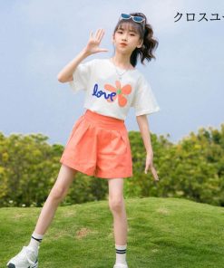 女の子 夏Tシャツ ショートパンツ ガールズ ワイドパンツ 半袖Tシャツ セットアップ 夏 子供 上下セット 女児 Tシャツ 2点 ハーフパンツ * Ｔシャツ、カットソー