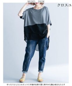 体型カバー 女性用 Tシャツ カジュアル トップス 夏物 色切り替え 大きいサイズ ドルマンスリーブ レディース 半袖Tシャツ ゆったり 丸襟 * 半袖