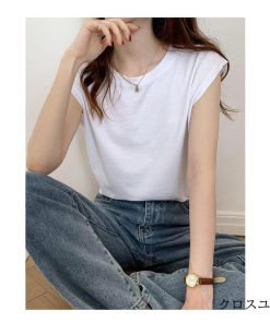 Tシャツ レディース 夏 ベスト 綿 クルーネック カットソー トップス シンプル 透けない おしゃれ コーデ UVカット きれいめ 20代 30代 コットン 40代 * ノースリーブ