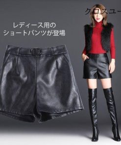 PU ゴム仕様 着やせ ショートパンツ ショート丈 ポケット付き 美脚美尻 レディース レザー レザーパンツ 着まわし 女性用 * ショートパンツ