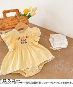 女児 ベビー 薄手 ロンパース 夏 ワンピース カバーオール 刺繍入り Baby 女の子 つなぎ服 フリルワンピース ノースリーブ 綿混 * ロンパース、カバーオール