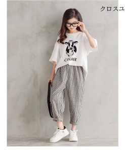 子供 Tシャツ 半袖 上下セット サルエルパンツ チェック柄 女の子 ゆるTシャツ 夏 9分丈パンツ ゆったり 薄手 コットン 女児 ２点セット 快適 * Tシャツ