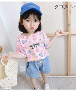 子供服 Tシャツ 女の子 半袖Tシャツ 夏 コットン カットソー 女児 ハート柄 Tシャツ キッズ 半袖トップス 夏Tシャツ サマーTシャツ 快適 * Tシャツ