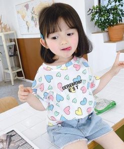 子供服 Tシャツ 女の子 半袖Tシャツ 夏 コットン カットソー 女児 ハート柄 Tシャツ キッズ 半袖トップス 夏Tシャツ サマーTシャツ 快適 * Tシャツ