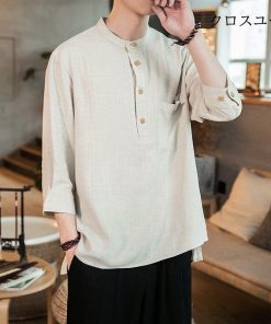 五分袖 涼しい 七分袖ｔシャツ バンドカラー トップス 綿麻 メンズ ブルオーバ 大きいサイズ * 五分、七分袖