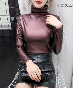 4color レディース PUレザー Tシャツ トップス カシュクール タイトフィット 無地 ハイネック インナー シンプル スリム  着痩せ 女性 おしゃれ 伸縮性 * 長袖