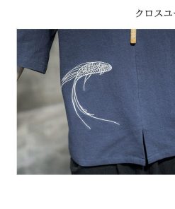 大きいサイズ 七分袖ｔシャツ 魚柄 綿麻 五分袖 涼しい ｖネック トップス メンズ ブルオーバ * 五分、七分袖