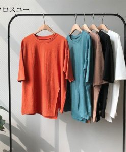 ショート丈 5分 夏 無地 トップス 不規則 レディース カットソー Tシャツ オシャレ 半袖 ｔシャツ スリット 五分袖丈 * 半袖