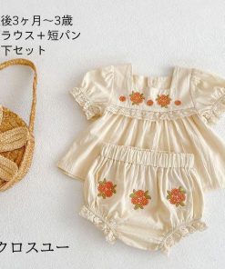 ベビー ブラウス 半袖 女児 ショートパンツ 夏 刺繍ブラウス 上下セット 2点 女の子 半袖ブラウス 子供 ギャザーブラウス コットン 短パン * シャツ、ブラウス