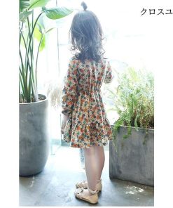 キッズ ワンピース 花柄 春 女児 長袖ワンピース レトロ 花柄ワンピース 女の子 ジュニア服 ショートワンピ ドレス 子供 長袖 蝶結び * ワンピース、チュニック